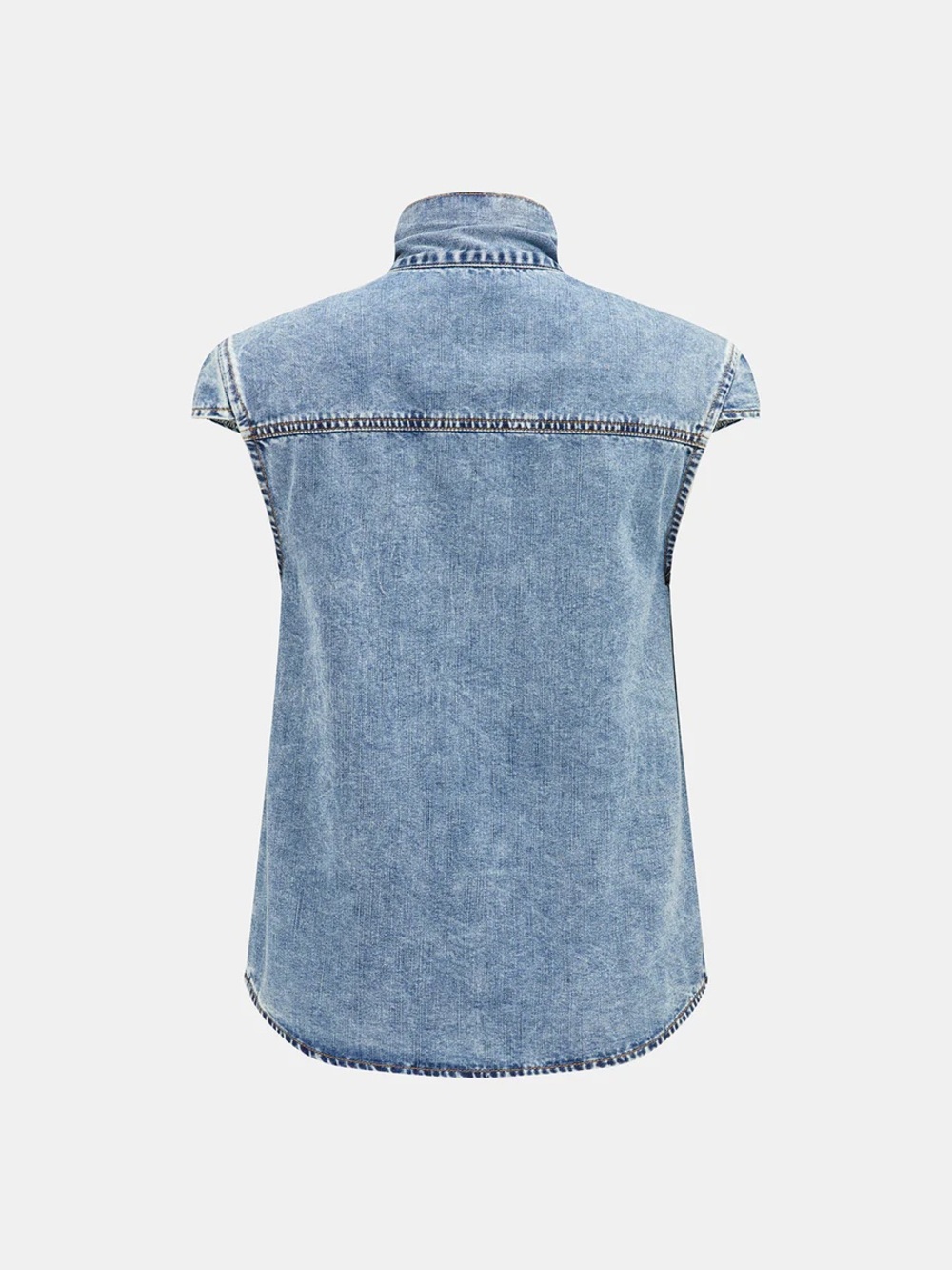 Commense Tie Neck Sleeveless Denim Shirt - Picture 3 of 11